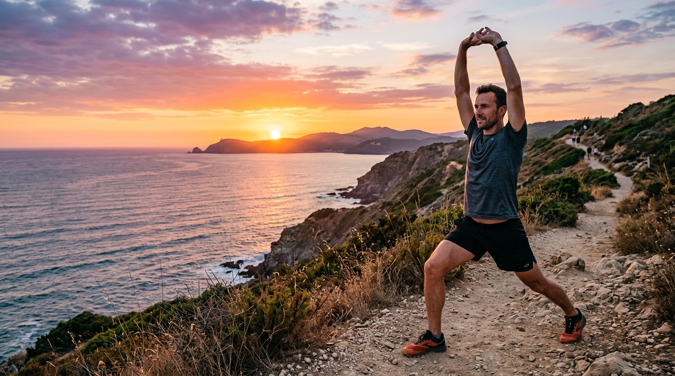 Άτομο που κάνει stretching στο ηλιοβασίλεμα